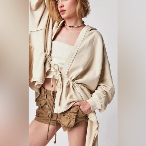 Free People Jackets & Blazers - Free People Emilia Cardigan Cream Oversized Jacket with Hood Cinch Detail Size S